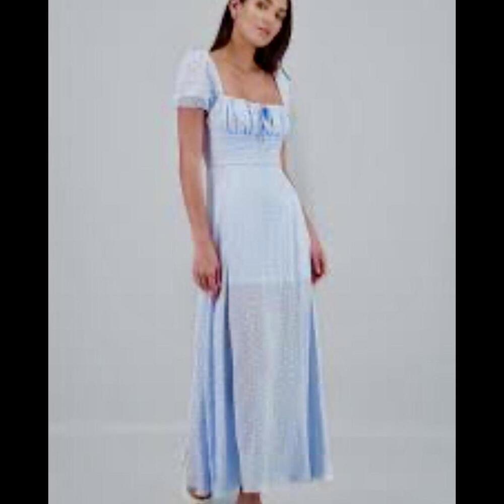 Shasta blue maxi dress w ruched bodice size S milkmaid cottagecore spring